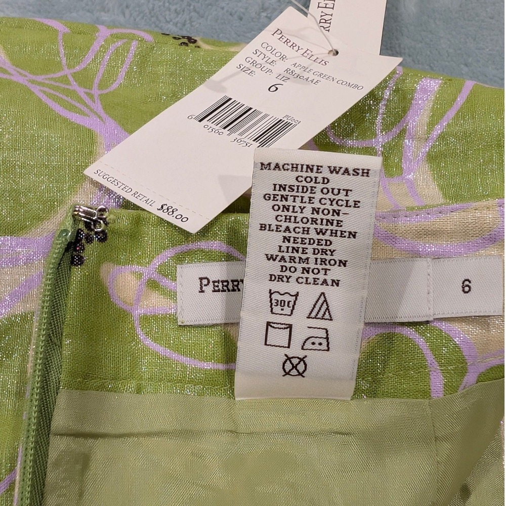NWT Perry Ellis Apple Green Floral Linen Blend Metallic Pencil Skirt Pockets 6 - Picture 9 of 11